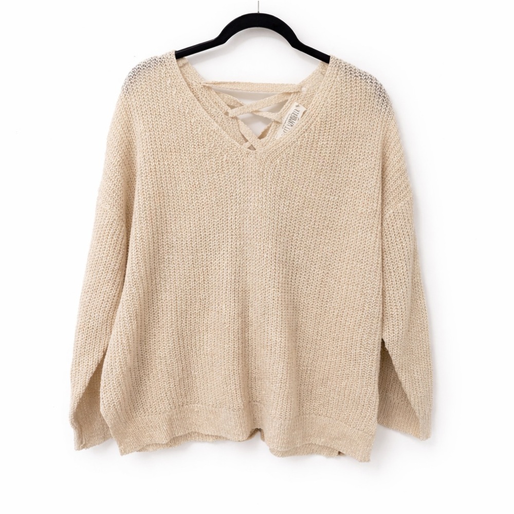 Sweet Wanderer Knit Lace-Up Back Sweater Boho V-Neck Pullover M Festival Spring
